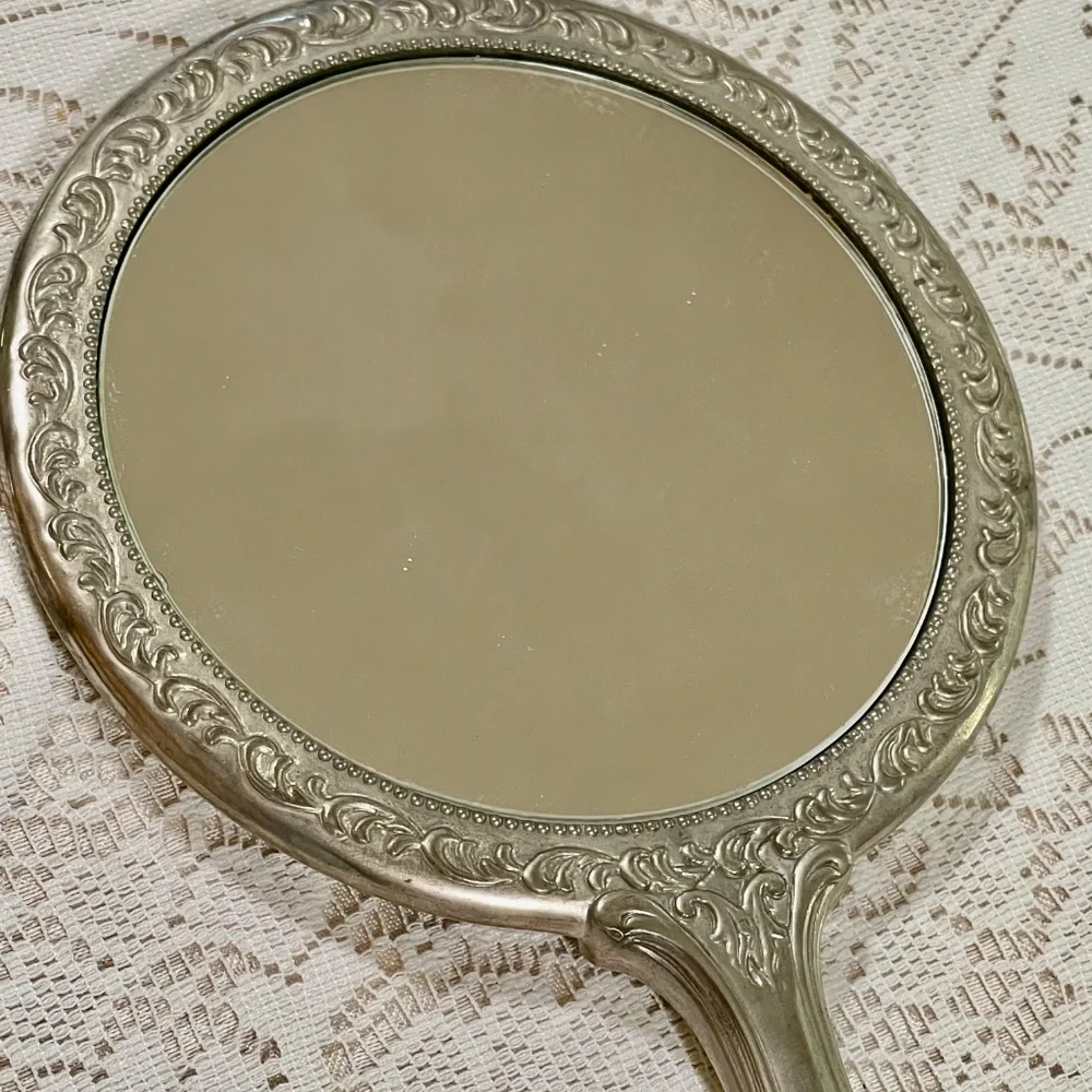 Vintage Victorian Vanity Mirror Silver Tone Handheld Mirror Art Deco
